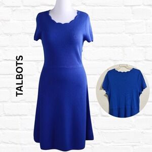 TALBOTS Blue Knit‎ Sweater Dress 2X Scalloped Trim A-Line Sheath Midi Fit&Flare